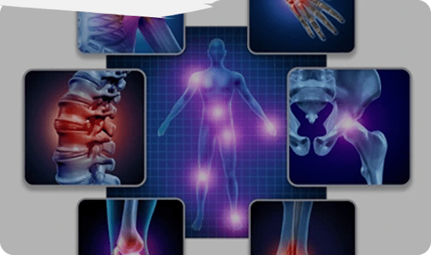 Illustration of a human body highlighting pain points and inflammation in the spine, joints, and muscles—representing PEMF Therapy benefits for pain relief and recovery.